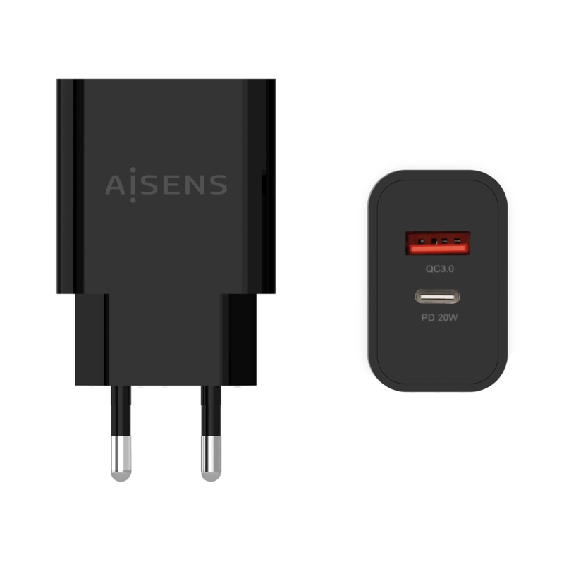 CARGADOR AISENS 20W 1xUSB-C PD3-0 1xUSB-A QC3-0 NEGRO