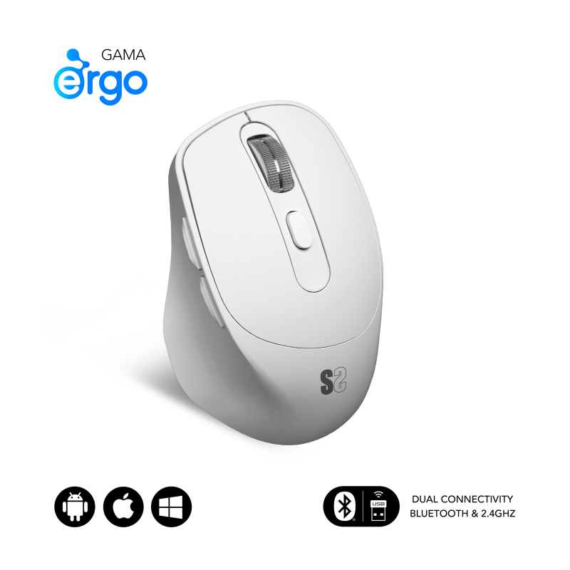 Ratón Ergonómico Inalámbrico por Bluetooth- 2-4GHz Subblim Comfort Ergo Dual Battery- Batería recargable- Hasta 2400 DPI- Blanco