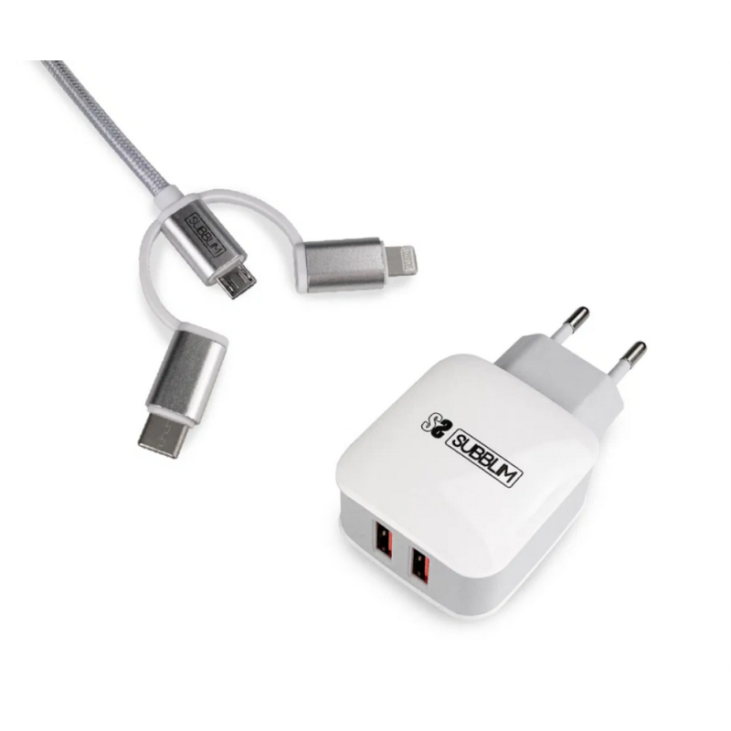 Cargador de Pared Subblim SUB-CHG-1ZWC01- 2xUSB + Cable 3 en 1- 12W- Blanco