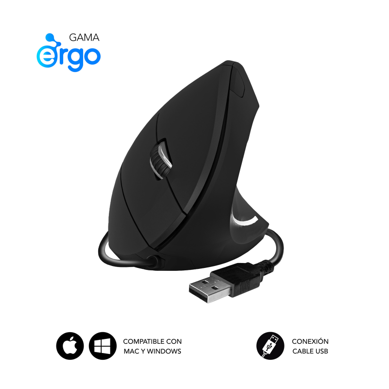 Ratón Ergonómico Subblim Glide Vertical Ergo Wired- Hasta 1600 DPI- Negro