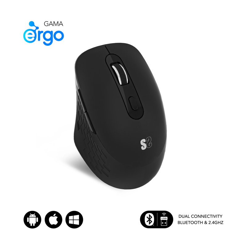 Ratón Ergonómico Inalámbrico por Bluetooth- 2-4GHz Subblim Curve Ergo Dual Battery- Batería recargable- Hasta 1600 DPI- Negro