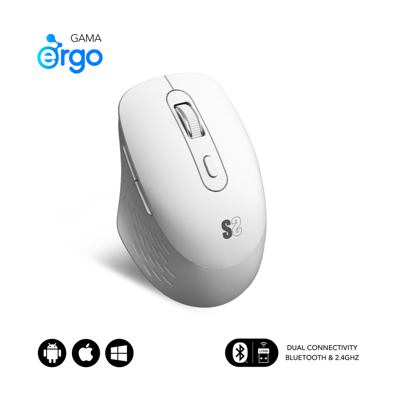 Ratón Ergonómico Inalámbrico por Bluetooth- 2-4GHz Subblim Curve Ergo Dual Battery- Batería recargable- Hasta 1600 DPI- Blanco