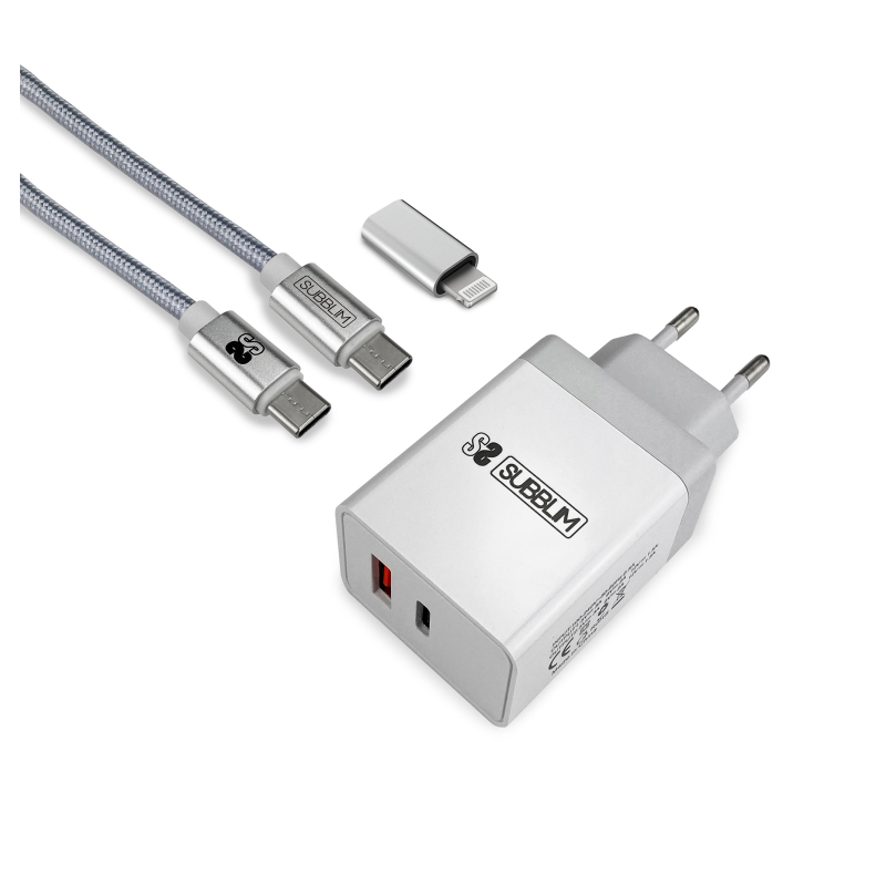 Cargador de Pared Subblim SUBCHG-3WPD10- 1xUSB Tipo-C- 1xUSB- Cable USB Tipo-C + Adaptador Lightning- 25W- Blanco