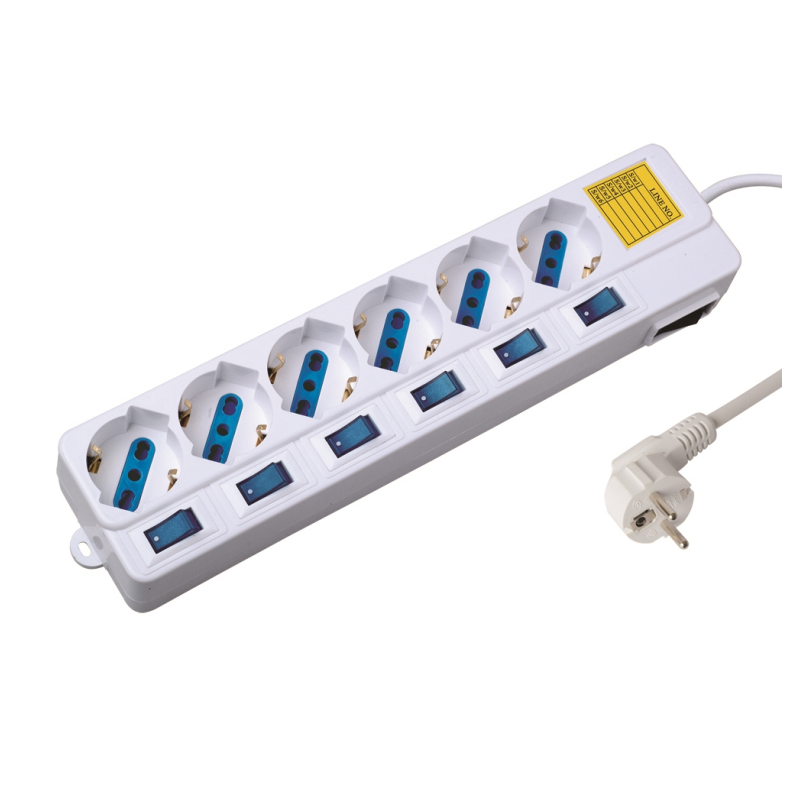 REGLETA EWENT 6 TOMAS SHUKO VERSION BLANCA 16A CON INTERRUPTOR ON-OFF 1-5M