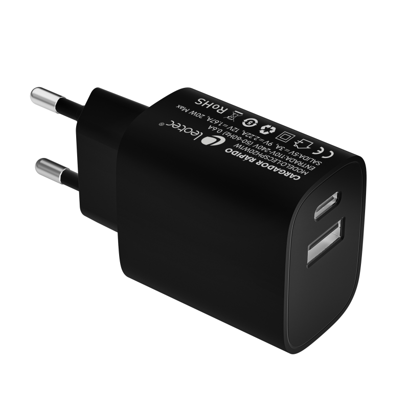 LEOTEC CARGADOR 20W CARGA RAPIDA 1 USB TIPO-C PD 1 USB-A NEGRO