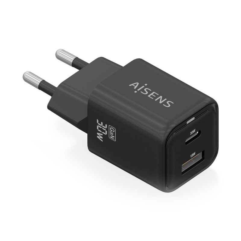 CARGADOR AISENS GAN 30W 1XUSB-C PD3-0 QC4-0 1XUSB-A QC3-0 NEGRO