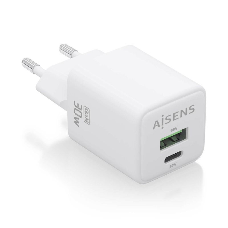 Cargador Gan de Pared Aisens ASCH-30W2P037-W- 1xUSB Tipo-C- 1xUSB- 30W