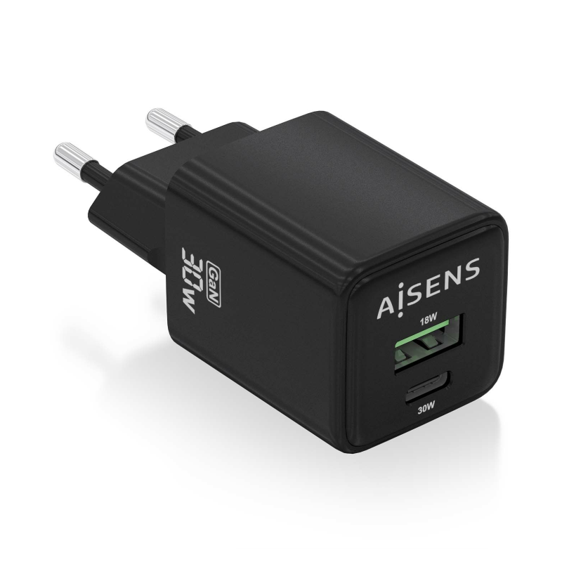 Cargador Gan de Pared Aisens ASCH-30W2P038-BK- 1xUSB Tipo-C- 1xUSB- 30W