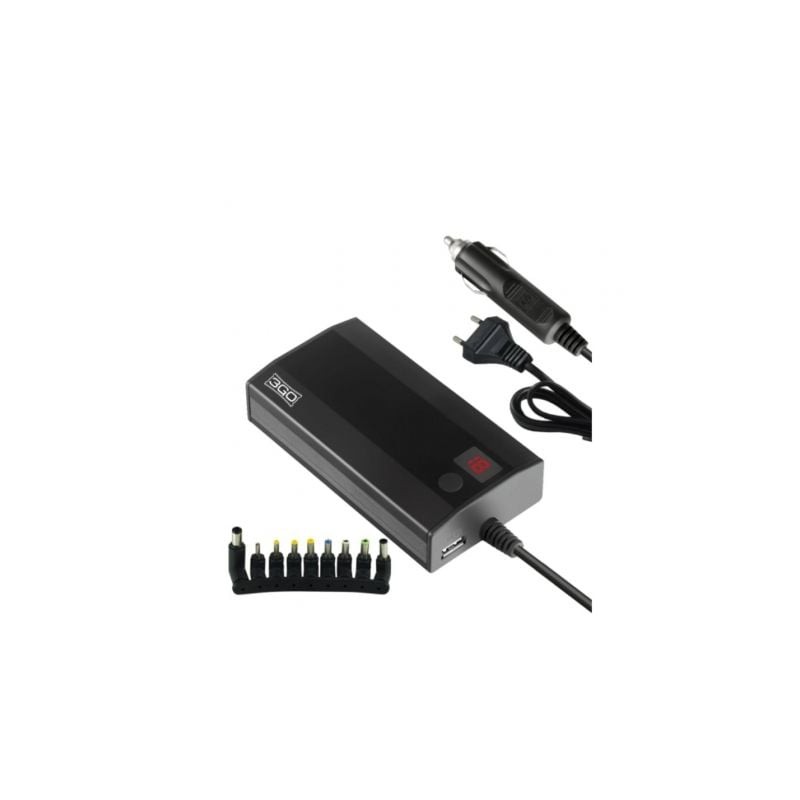 Cargador de Portátil 3GO Alim90C2- 90W- Manual- 9 Conectores- Voltaje 12-20V- 1 USB- con Adaptador para Coche