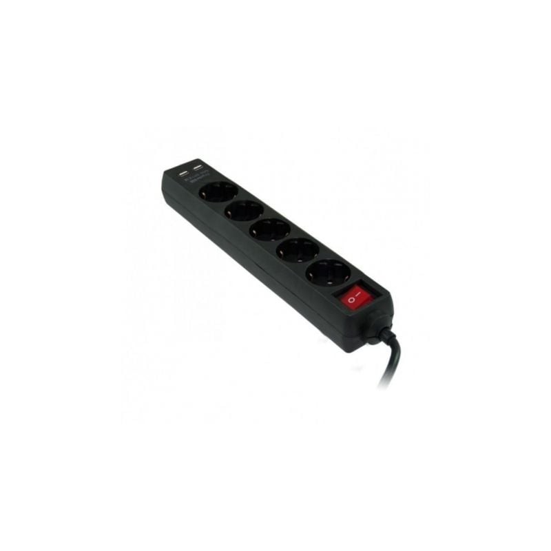 Regleta con interruptor 3GO REG5USB- 5 Tomas de corriente- 2 USB- Cable 1-5m- Negra