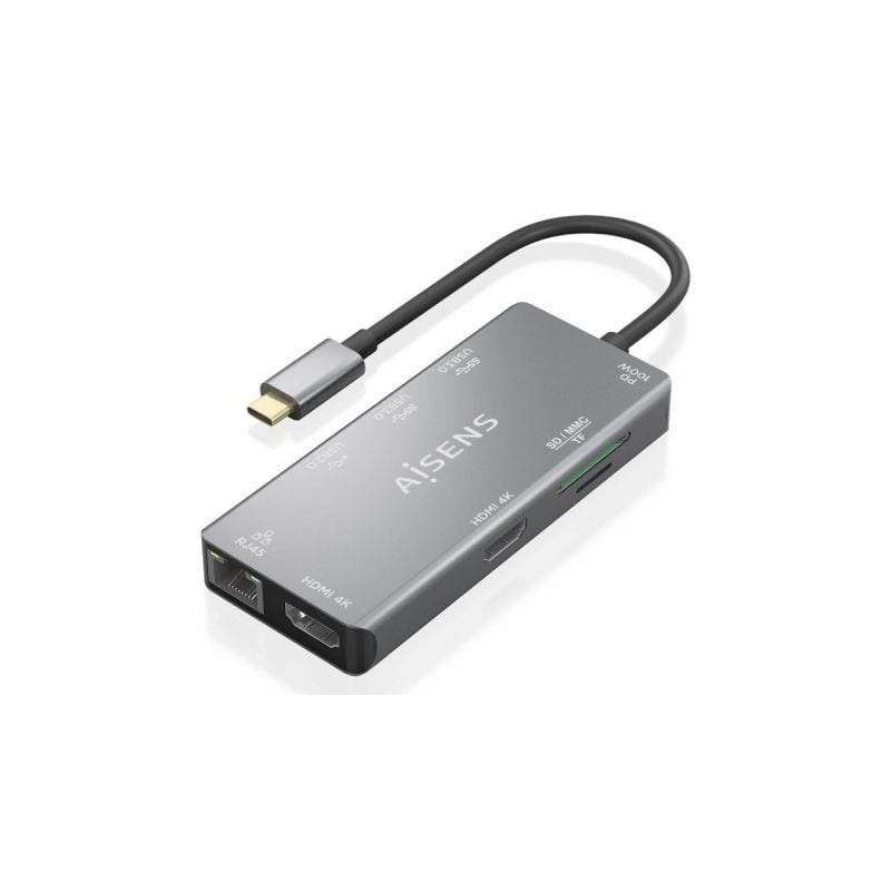 Docking USB Tipo-C Aisens ASUC-9P018-GR- 2xHDMI- 3xUSB- 1xRJ45- 1xLector Tarjetas- 1xUSB Tipo-C PD- Gris