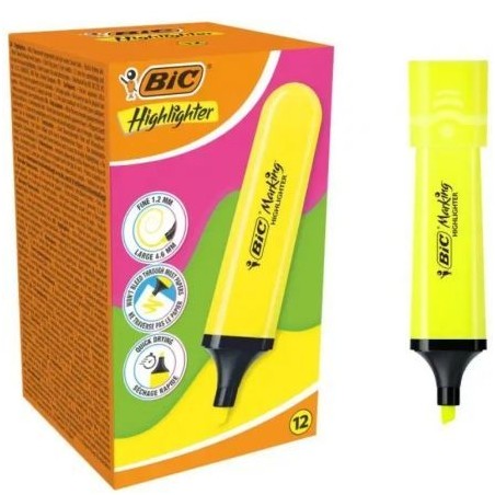 Caja de Marcadores Fluorescentes Bic Highlighter Flat Neón- 12 unidades- Amarillos