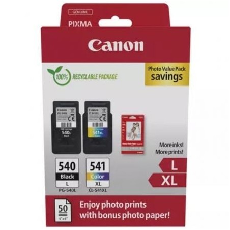 Cartucho de Tinta Original Canon PG-540L + CL-541 XL Multipack Alta Capacidad- Negro- Tricolor + Papel Fotográfico