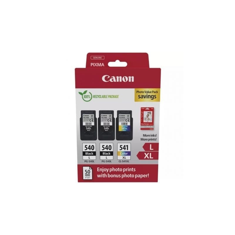 Cartucho de Tinta Original Canon PG-540L + CL-541 XL Multipack Alta Capacidad- 2x Negro- Tricolor + Papel Fotográfico