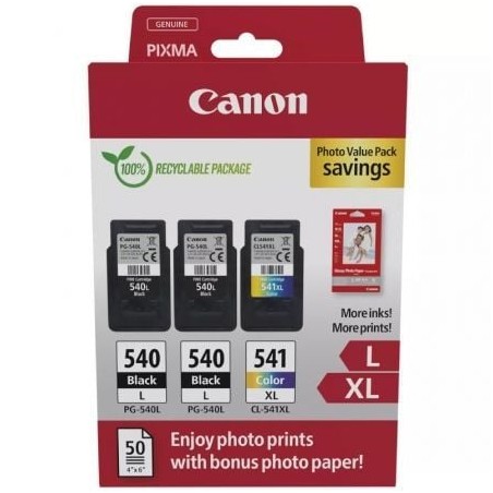 Cartucho de Tinta Original Canon PG-540L + CL-541 XL Multipack Alta Capacidad- 2x Negro- Tricolor + Papel Fotográfico