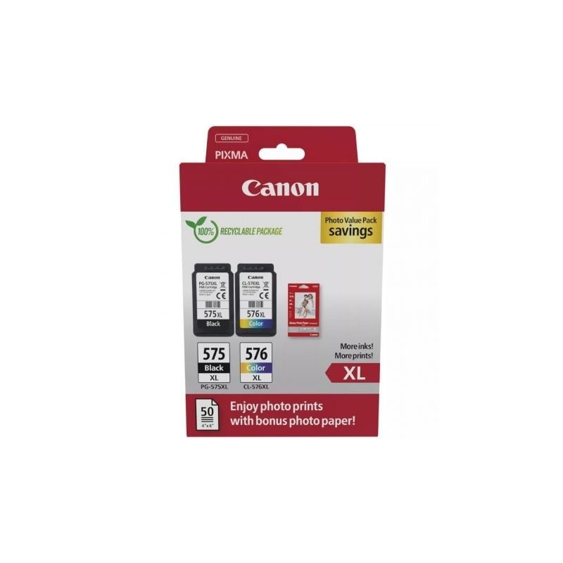 Cartucho de Tinta Original Canon PG-575XL + CL576XL Multipack Alta Capacidad- Negro- Tricolor + Papel Fotográfico