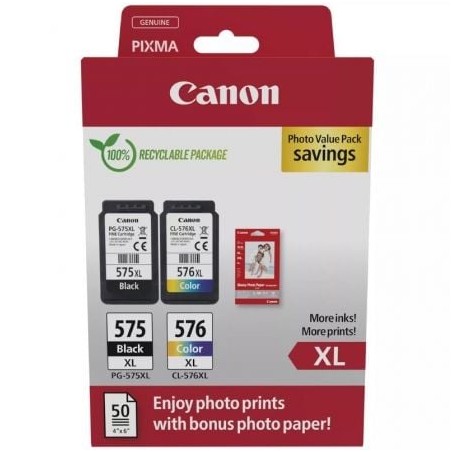 Cartucho de Tinta Original Canon PG-575XL + CL576XL Multipack Alta Capacidad- Negro- Tricolor + Papel Fotográfico