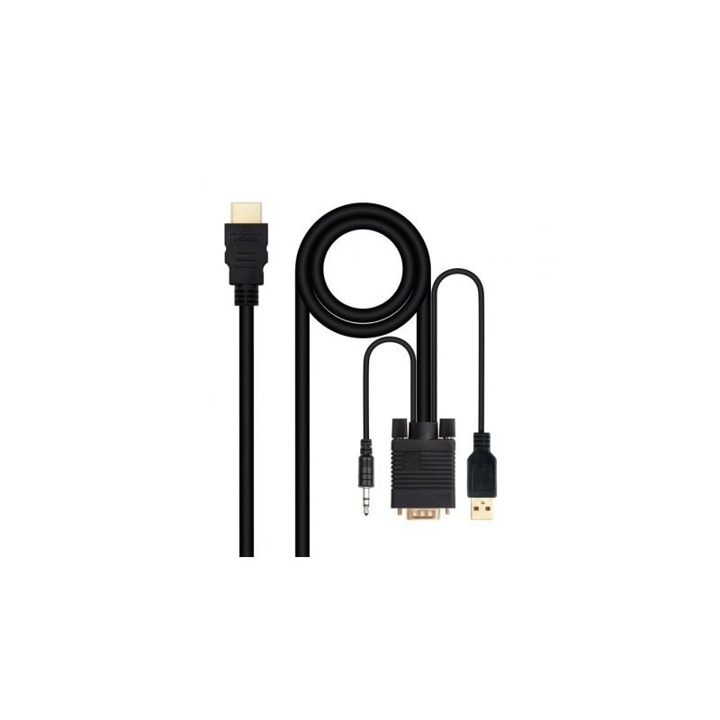 Cable Conversor Nanocable 10-15-4350- HDMI Macho - VGA Hembra - Jack 3-5 Macho - USB Macho- 1-8m- Negro