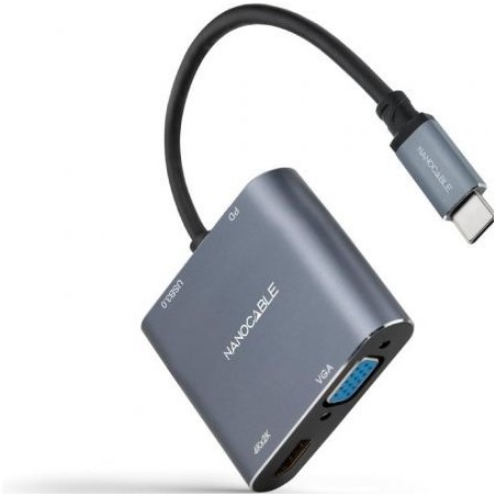 Conversor Nanocable 10-16-4304- USB Tipo-C Macho- HDMI 4K Hembra - VGA Hembra - USB Tipo-C PD Hembra - USB Hembra- 15cm- Gris