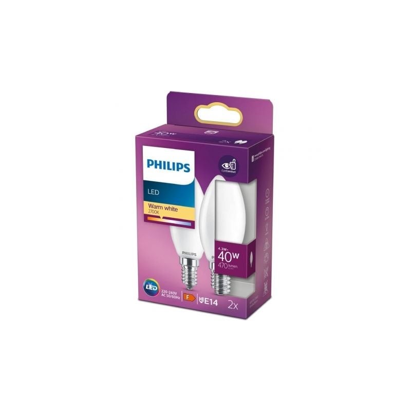 Bombilla Led Philips LED Classic- Casquillo E14- 4-3W- 470 Lúmenes- 2700K- Pack de 2 Uds