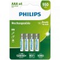 Pack de 4 Pilas AAA Philips R03B4A95-10- 1-2V- Recargables