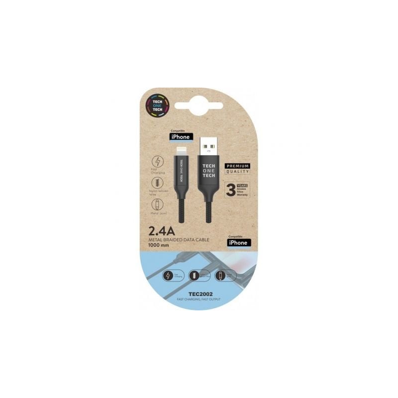 Cable USB 2-0 Tech One Tech TEC2002- USB Macho - Lightning Macho- 1m- Negro