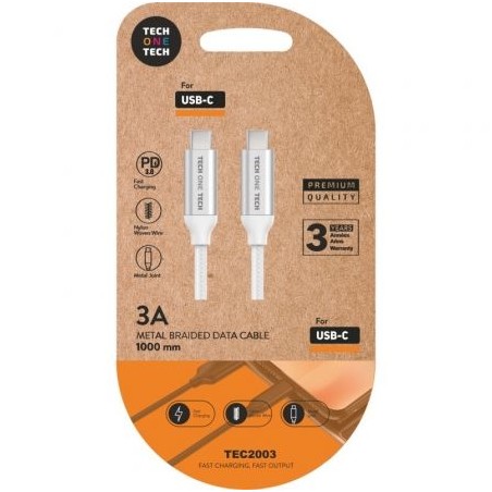 Cable USB 2-0 Tipo-C Tech One Tech TEC2204- USB Tipo-C Macho - USB Tipo-C Macho- 1m- Blanco