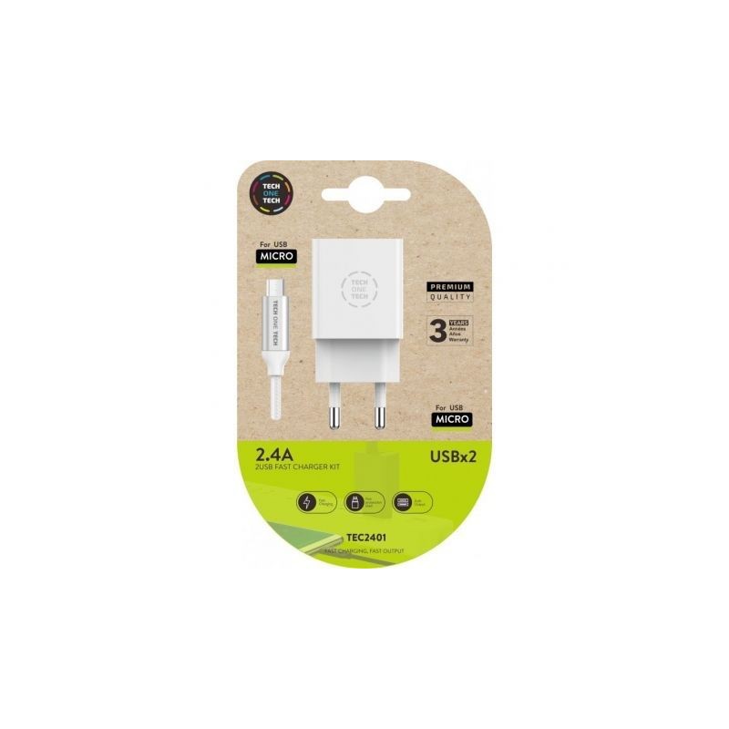 Cargador de Pared Tech One Tech TEC2401- 2xUSB + Cable Micro USB- 2-4A- Blanco