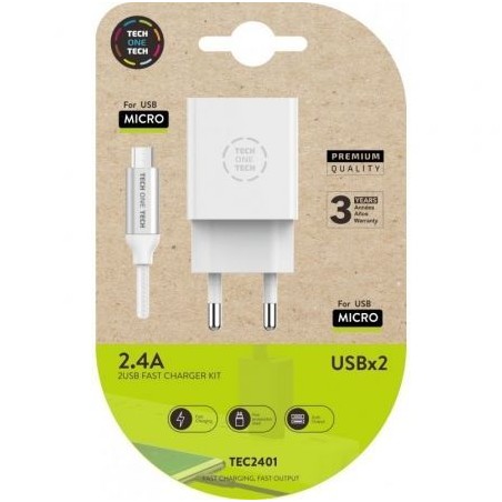 Cargador de Pared Tech One Tech TEC2401- 2xUSB + Cable Micro USB- 2-4A- Blanco