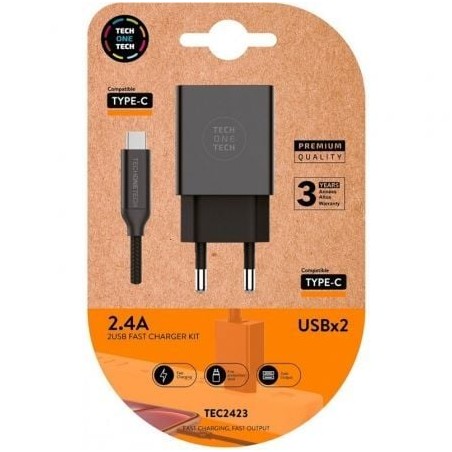 Cargador de Pared Tech One Tech TEC2423- 2xUSB + Cable USB Tipo-C- 2-4A- Negro