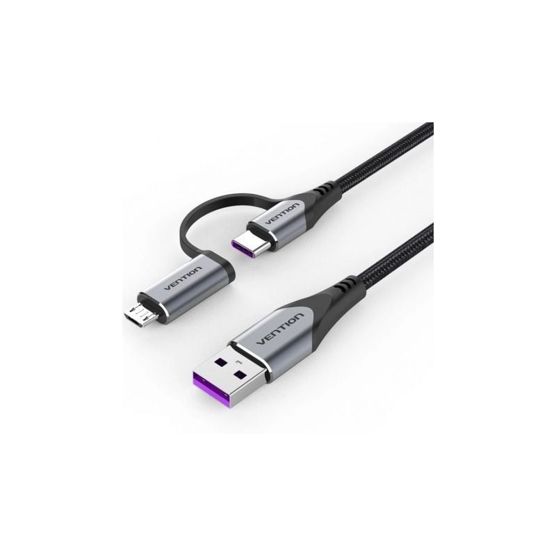 Cable USB 2-0 Vention CQFHF- USB Tipo-C Macho - MicroUSB Macho- USB Macho- 480Mbps- 1m- Gris