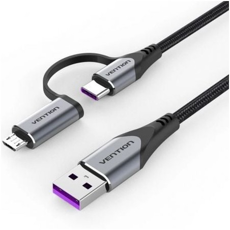 Cable USB 2-0 Vention CQFHF- USB Tipo-C Macho - MicroUSB Macho- USB Macho- 480Mbps- 1m- Gris