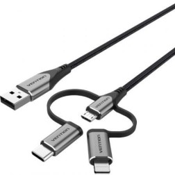 Cable USB 2-0 Tipo-C Vention CQJHF- USB Macho- USB Tipo-C Macho - MicroUSB Macho - Lightning Macho- 480Mbps- 1m- Gris