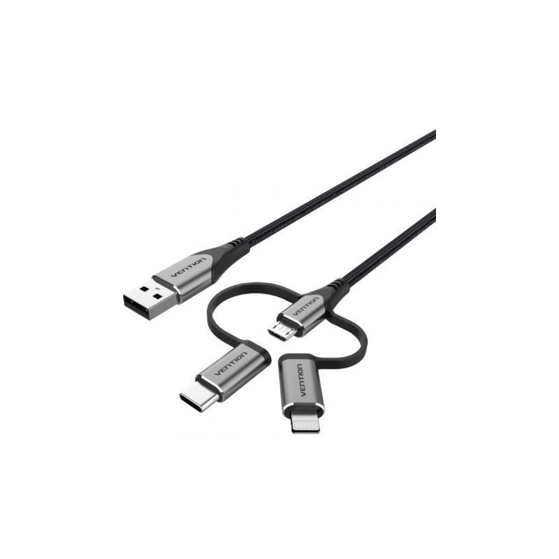 Cable USB Tipo-C Vention CQJHF- USB Macho- USB Tipo-C Macho - MicroUSB Macho - Lightning Macho- 1m- Gris