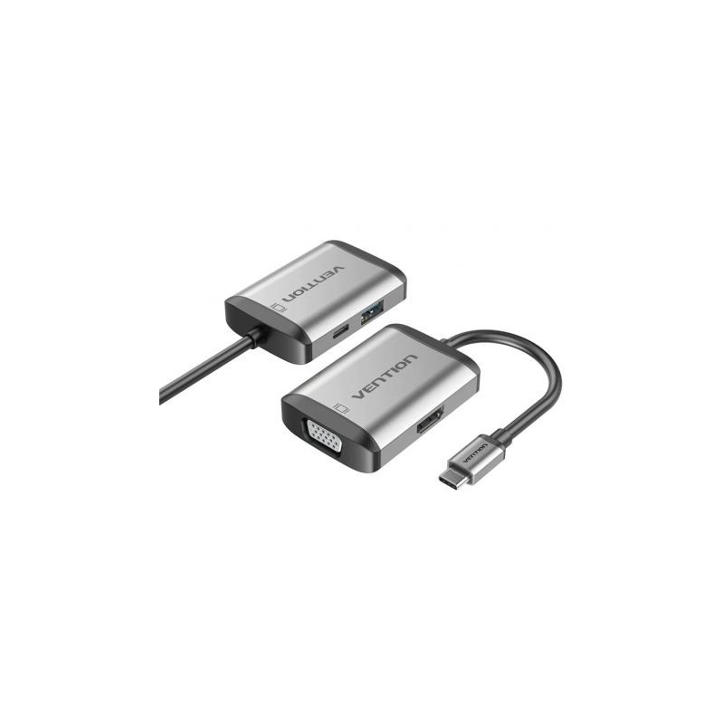 Conversor Vention TFAHB- 1xUSB- 1xHDMI- 1xVGA- 1xUSB Tipo-C PD- 15cm- Gris