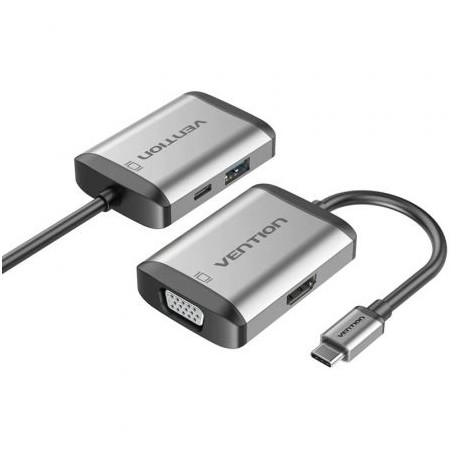 Conversor Vention TFAHB- 1xUSB- 1xHDMI- 1xVGA- 1xUSB Tipo-C PD- 15cm- Gris