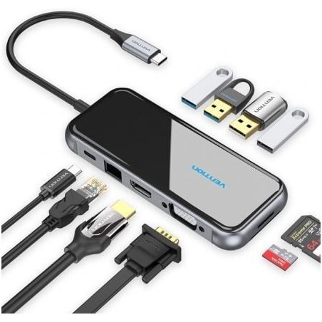 Docking USB Tipo-C Vention TFGHB- 1xVGA- 1xHDMI- 4xUSB- 1xUSB Tipo-C PD- 1xRJ45- 1xLector Tarjetas SD- Gris