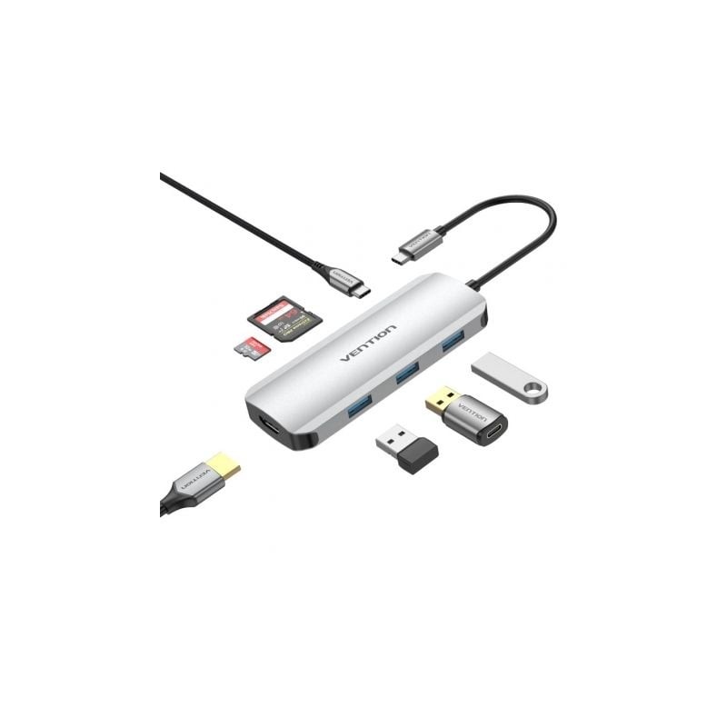 Docking USB Tipo-C Vention TOJHB- 1xHDMI- 3xUSB- 1xUSB Tipo-C- 1xLector tarjetas- Gris