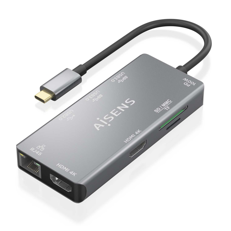 HUB AISENS USB-C DOCK 9 EN 1 USB-C 2XHDMI RJ45 2XUSB-A 3-0 USB-A 2-0 PD