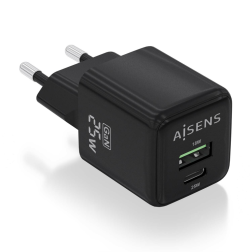 Cargador Gan de Pared Aisens ASCH-25W2P015-BK- 1xUSB Tipo-C- 1xUSB- 25W