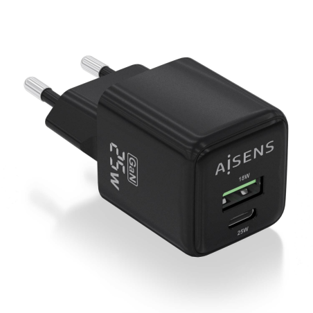 CARGADOR AISENS GAN 25W 1XUSB-C PD3-0 QC4-0 1XUSB-A QC3-0 NEGRO