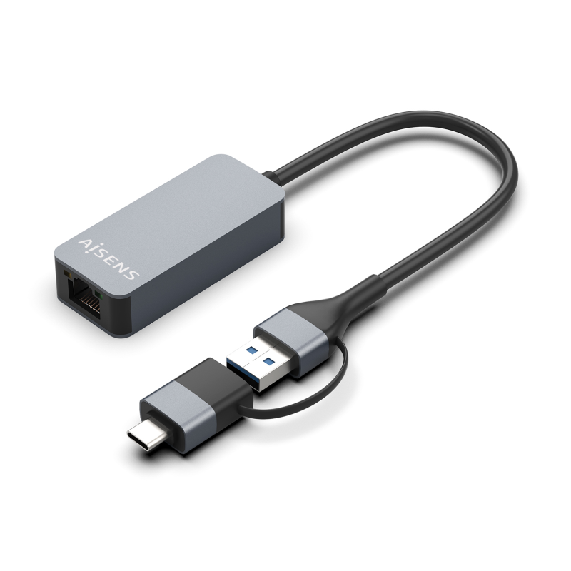 Adaptador USB 3-2 Gen1 Aisens A109-0710- USB Macho - USB Tipo-C Macho - RJ45 Hembra- 2500Mbps- 15cm- Gris