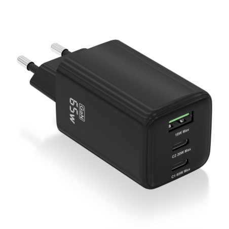 CARGADOR AISENS GAN 65W 2XUSB-C PD3-0 QC4-0 1XUSB-A QC3-0 NEGRO