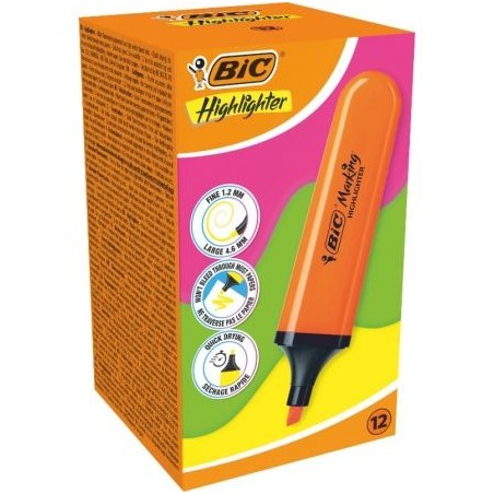 Caja de Marcadores Fluorescentes Bic Highlighter Flat Neón- 12 unidades- Naranjas