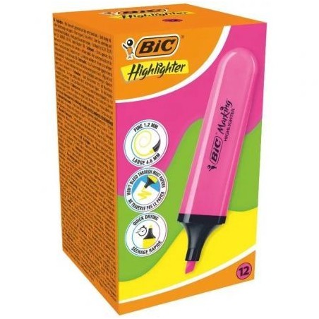 Caja de Marcadores Fluorescentes Bic Highlighter Flat Neón- 12 unidades- Rosas