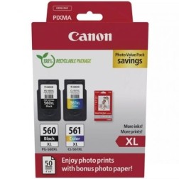 Cartucho de Tinta Original Canon PG-560XL + CL-561XL Multipack Alta Capacidad- Negro- Tricolor + Papel Fotográfico