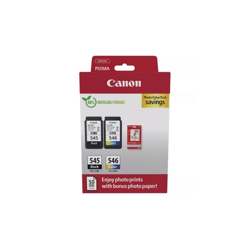 Cartucho de Tinta Original Canon PG-545 + CL-546 Multipack- Negro- Tricolor + Papel Fotográfico