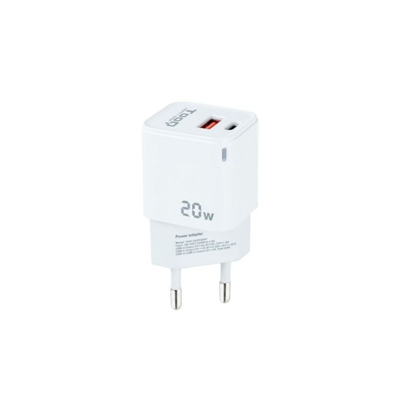 Cargador de Pared TooQ TQWC-QCPD20WT- 1xUSB-Tipo C- 1x USB- 20W- Blanco