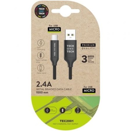 Cable USB 2-0 Tech One Tech TEC2001- USB Macho - MicroUSB Macho- 1m- Negro