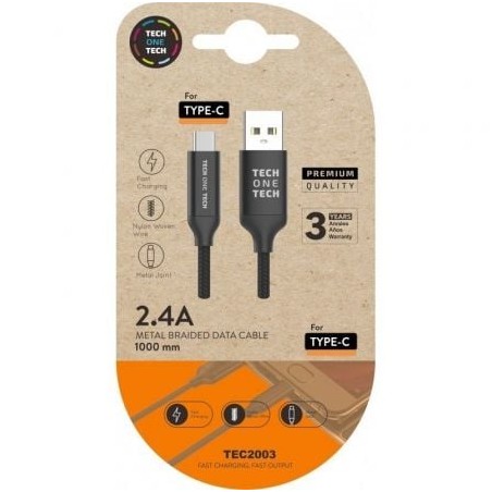 Cable USB 2-0 Tipo-C Tech One Tech TEC2003- USB Tipo-C Macho - USB Macho- 1m- Negro